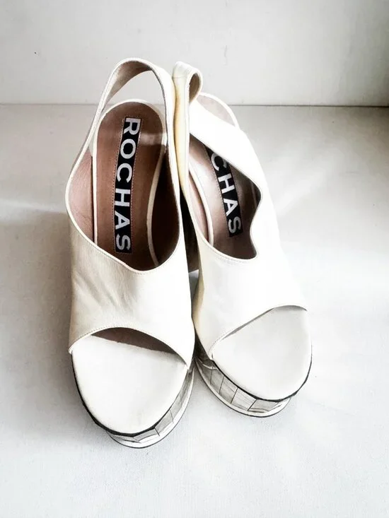 Rochas RUNWAY White Leather Mirror " Disco" Sandals Chunky Heel 39 - Picture 10 of 11